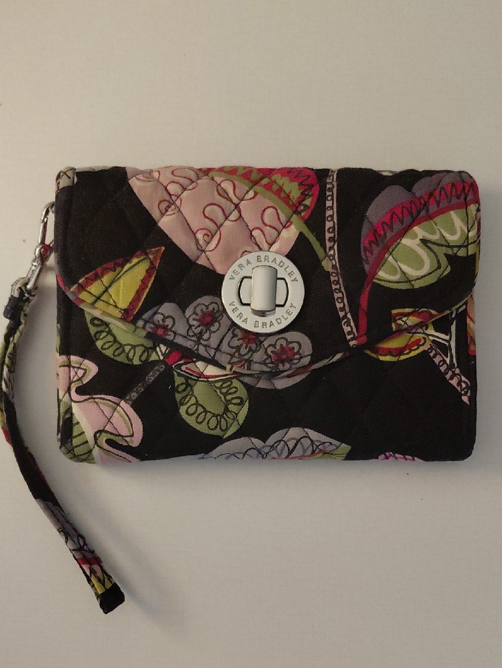 Vera Bradley Black Quilted Wristlet with Multicolor Floral Print